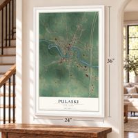 Pulaski, New York map, 24 x 36 inch print in a white frame by a staircase