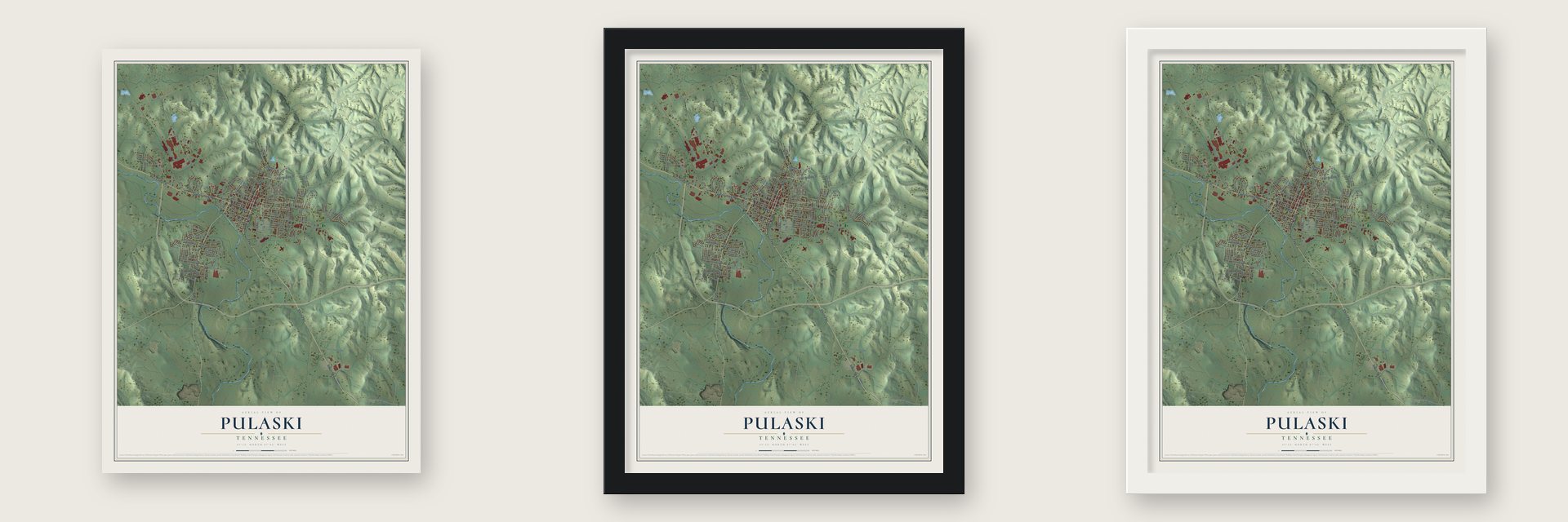 Pulaski, Tennessee map unframed, in a black wood frame and in a white wood frame
