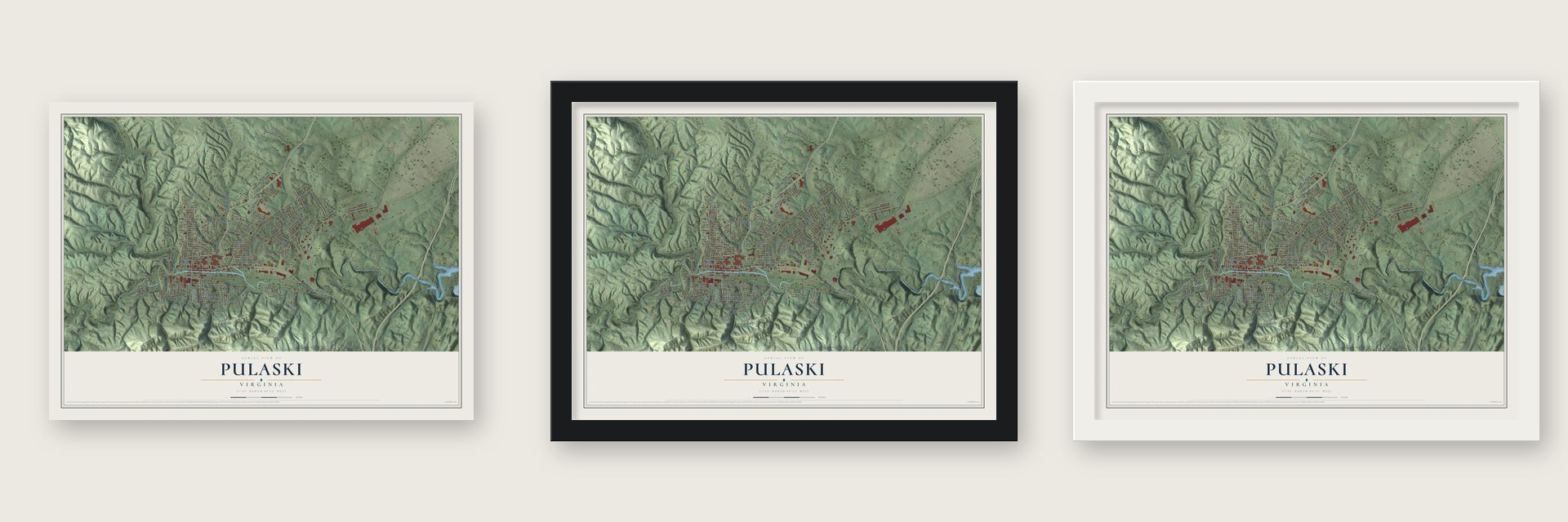 Pulaski, Virginia map unframed, in a black wood frame and in a white wood frame