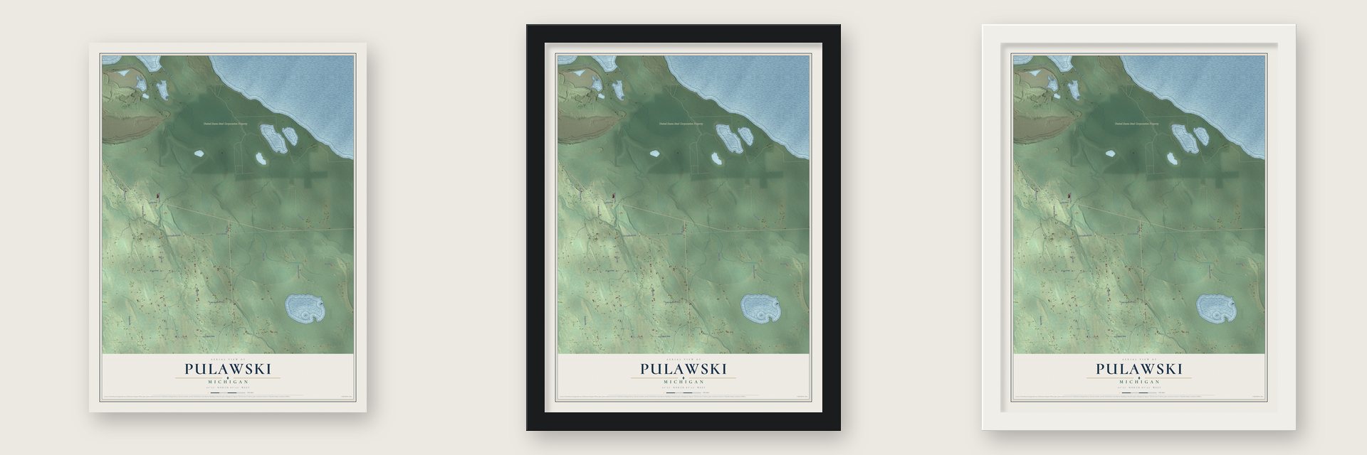 Pulawski, Michigan map unframed, in a black wood frame and in a white wood frame