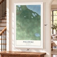Pulawski, Michigan map, 24 x 36 inch print in a white frame by a staircase