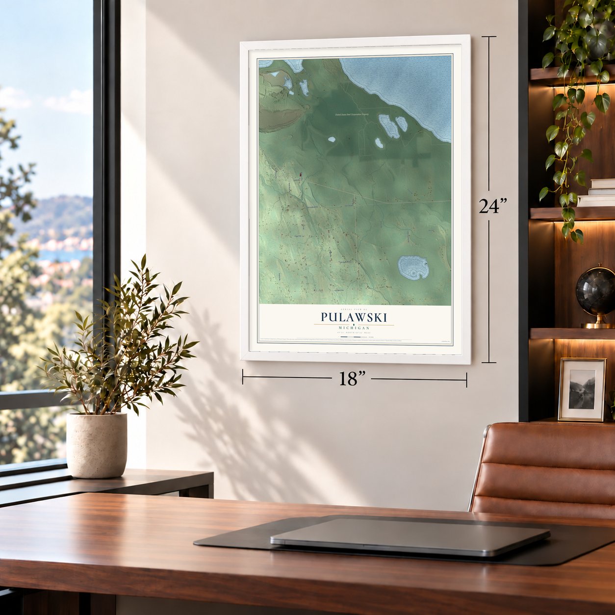 Pulawski, Michigan map, 18 x 24 inch print in a white frame in a home office