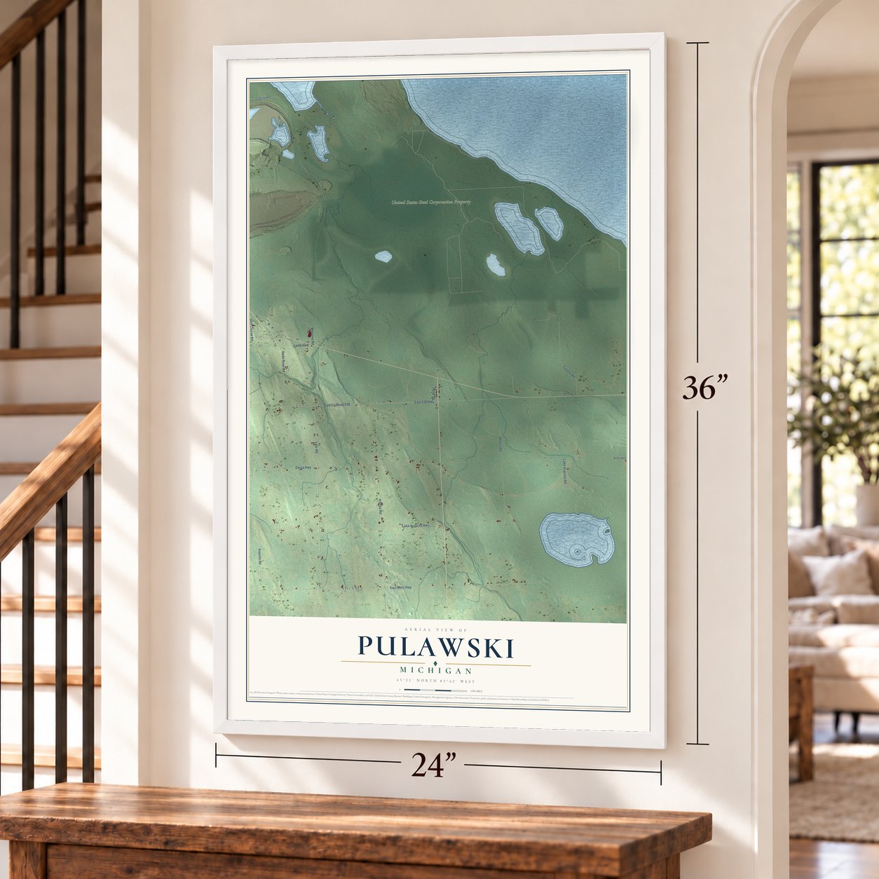 Pulawski, Michigan map, 24 x 36 inch print in a white frame by a staircase