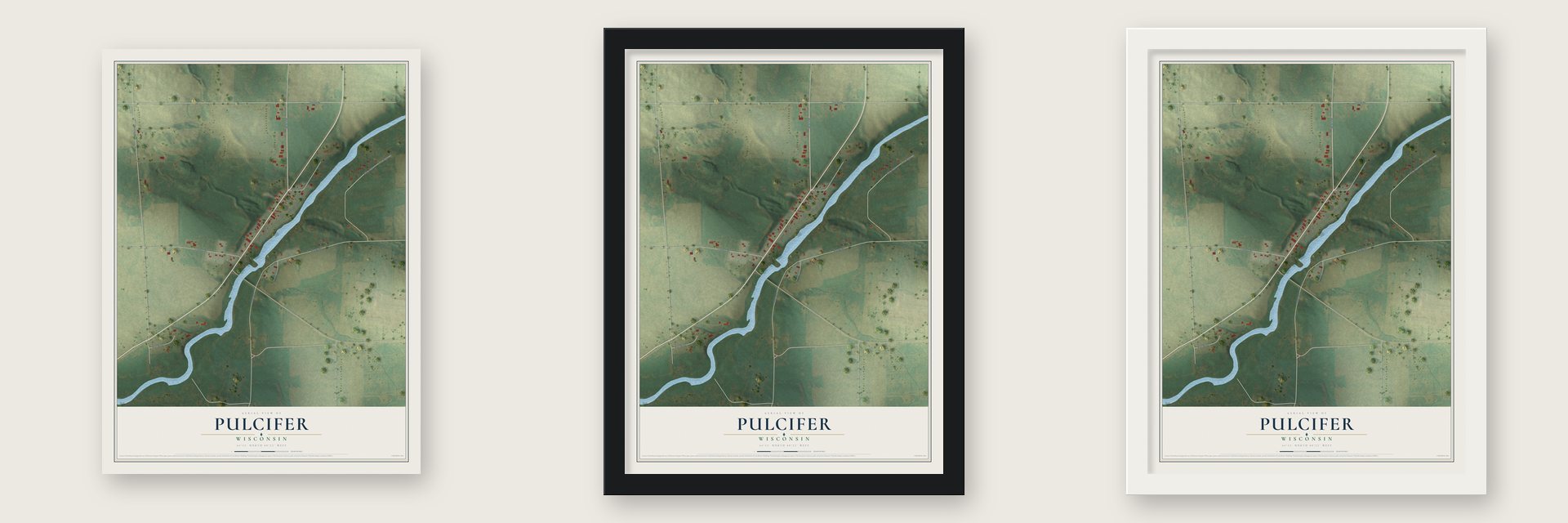 Pulcifer, Wisconsin map unframed, in a black wood frame and in a white wood frame