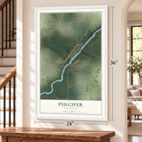 Pulcifer, Wisconsin map, 24 x 36 inch print in a white frame by a staircase