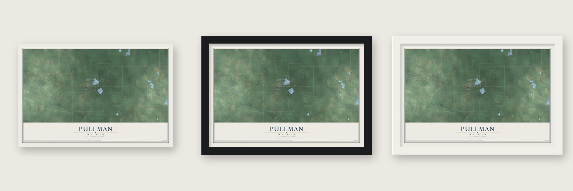 Pullman, Michigan map unframed, in a black wood frame and in a white wood frame