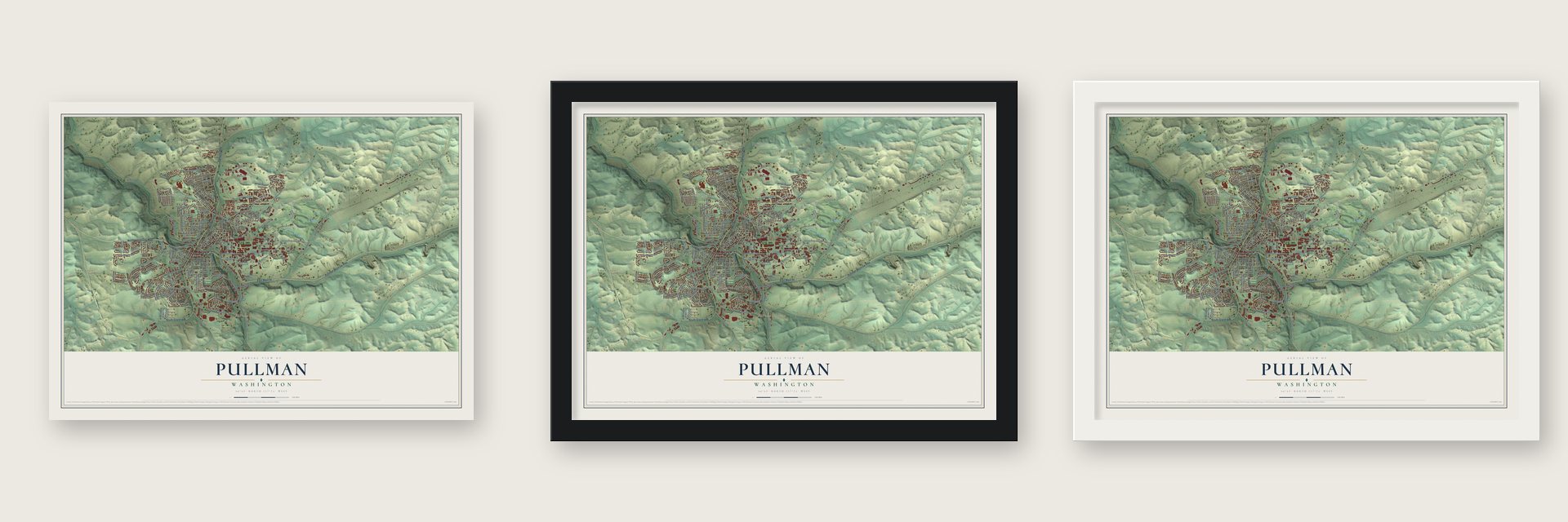 Pullman, Washington map unframed, in a black wood frame and in a white wood frame