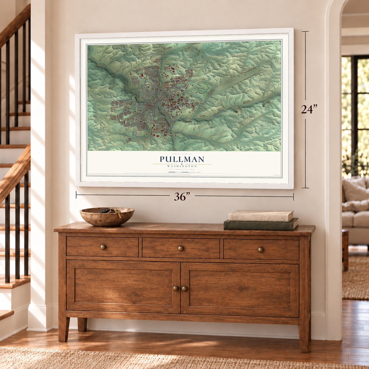 Pullman, Washington map, 24 x 36 inch print in a white frame above a dresser by a staircase