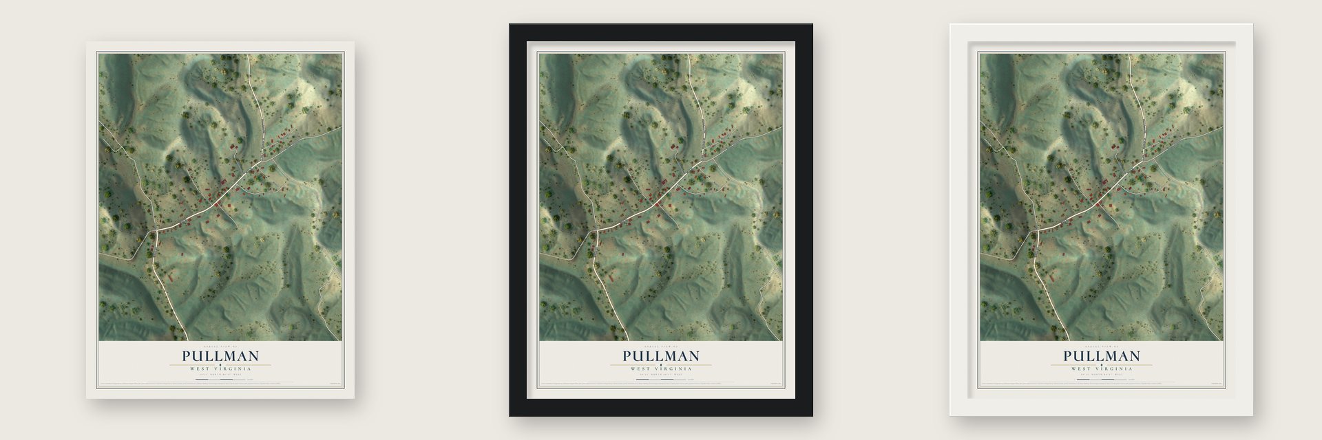 Pullman, West Virginia map unframed, in a black wood frame and in a white wood frame
