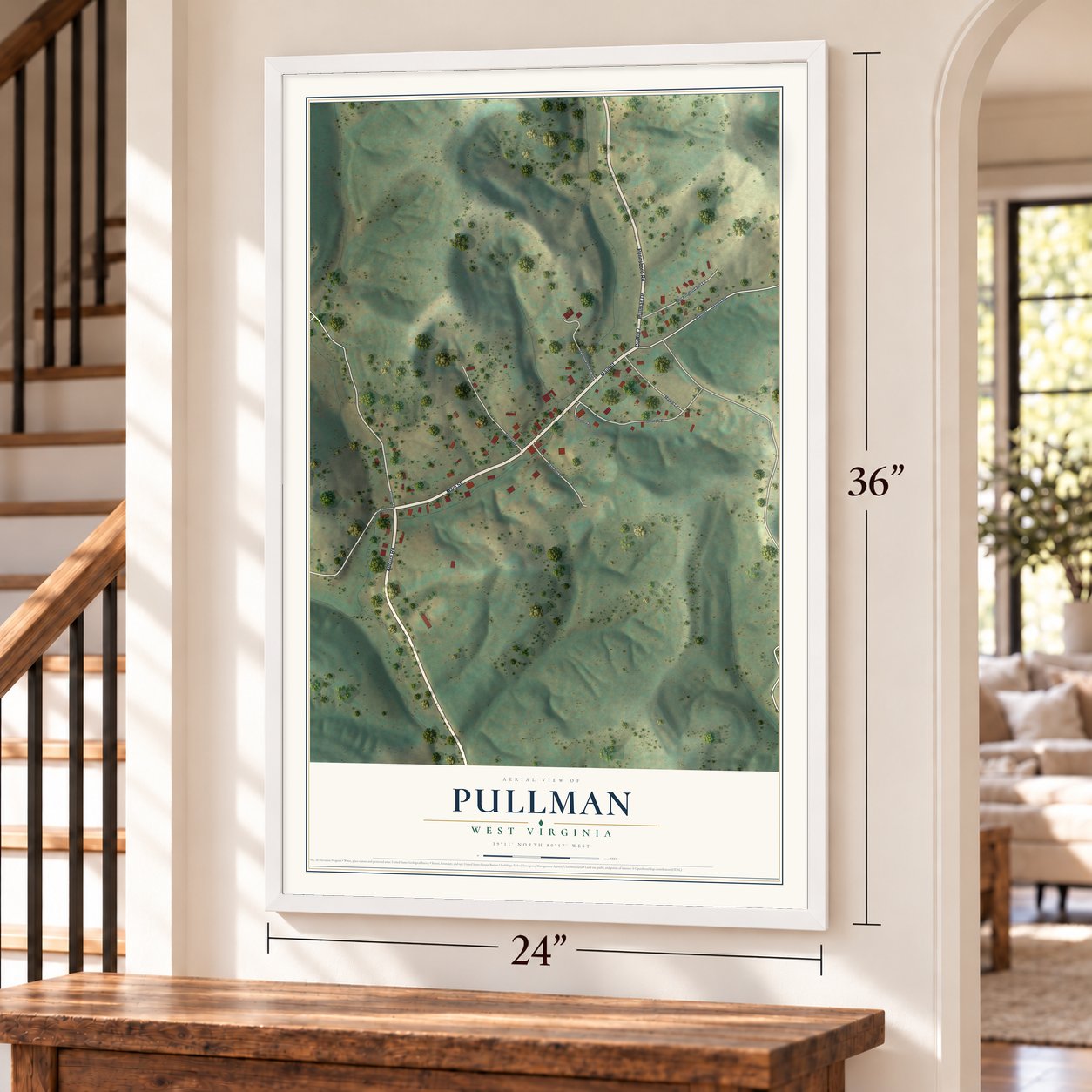 Pullman, West Virginia map, 24 x 36 inch print in a white frame by a staircase