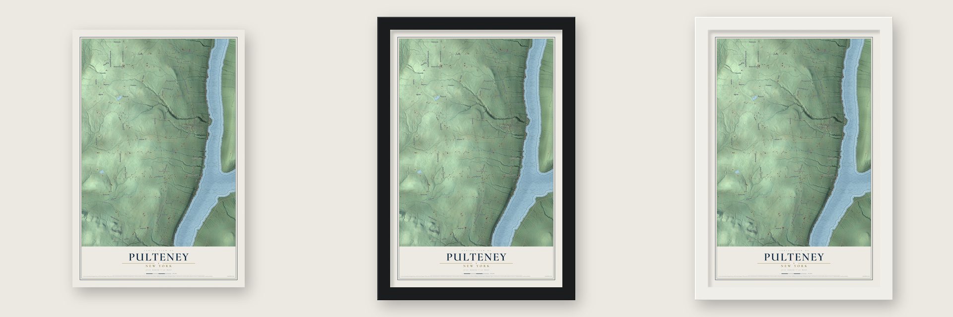 Pulteney, New York map unframed, in a black wood frame and in a white wood frame