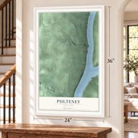 Pulteney, New York map, 24 x 36 inch print in a white frame by a staircase