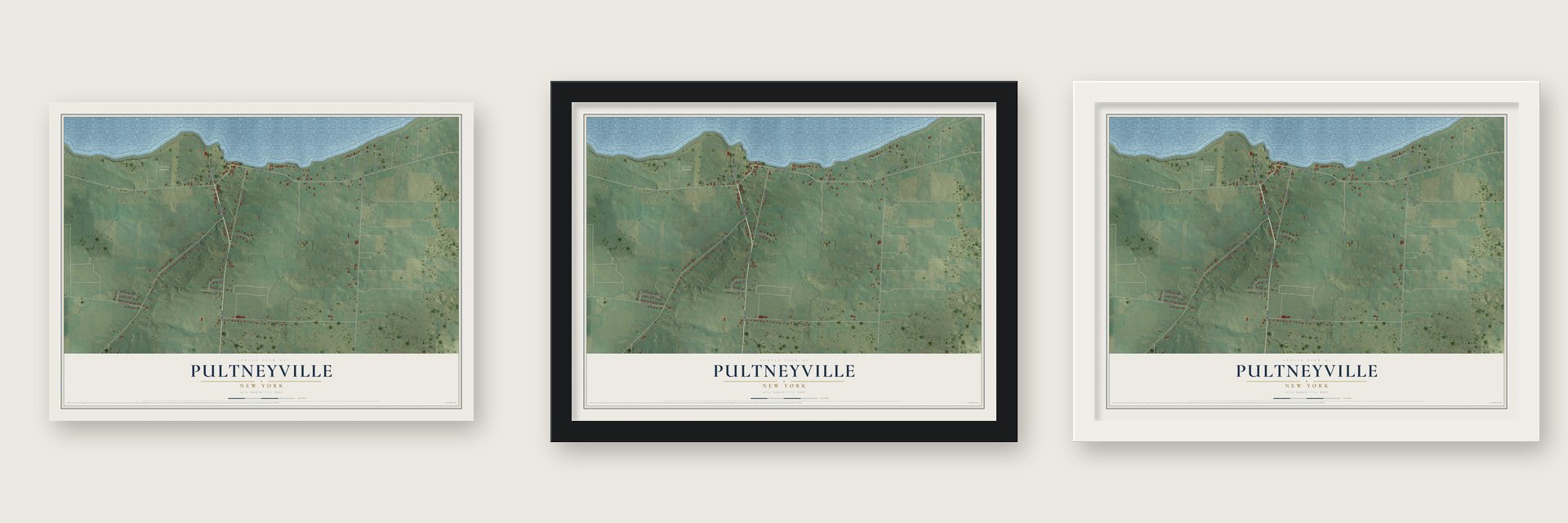 Pultneyville, New York map unframed, in a black wood frame and in a white wood frame