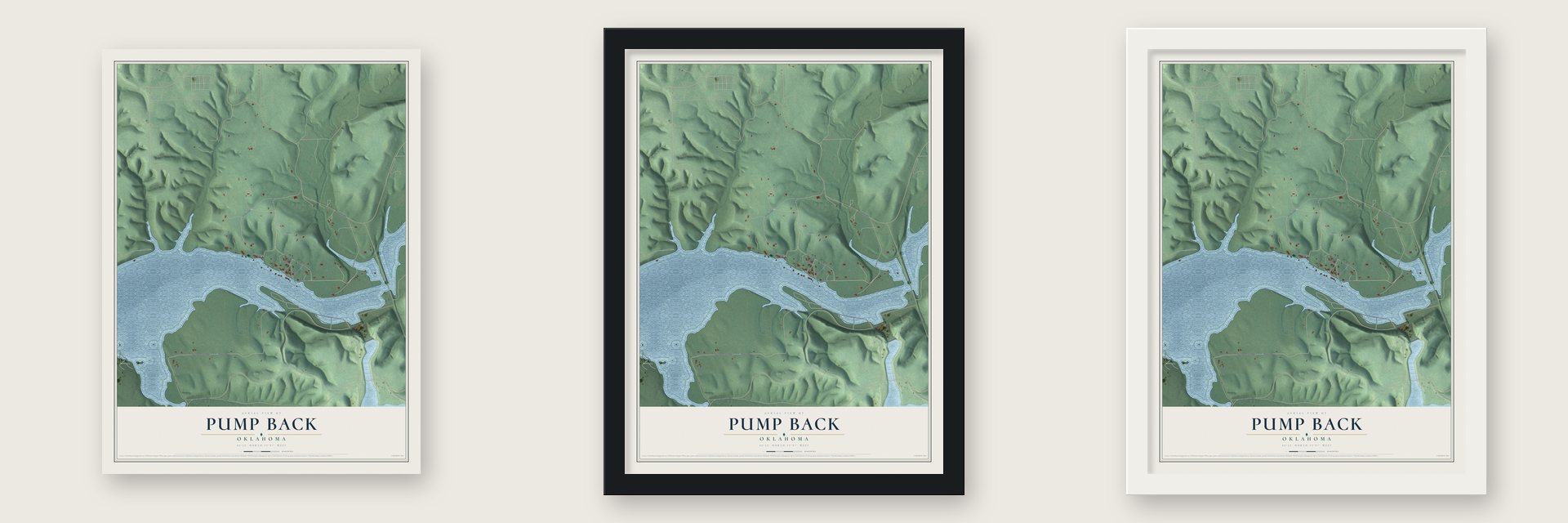 Pump Back, Oklahoma map unframed, in a black wood frame and in a white wood frame