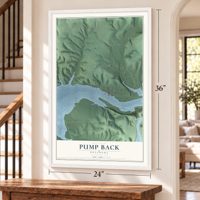 Pump Back, Oklahoma map, 24 x 36 inch print in a white frame by a staircase
