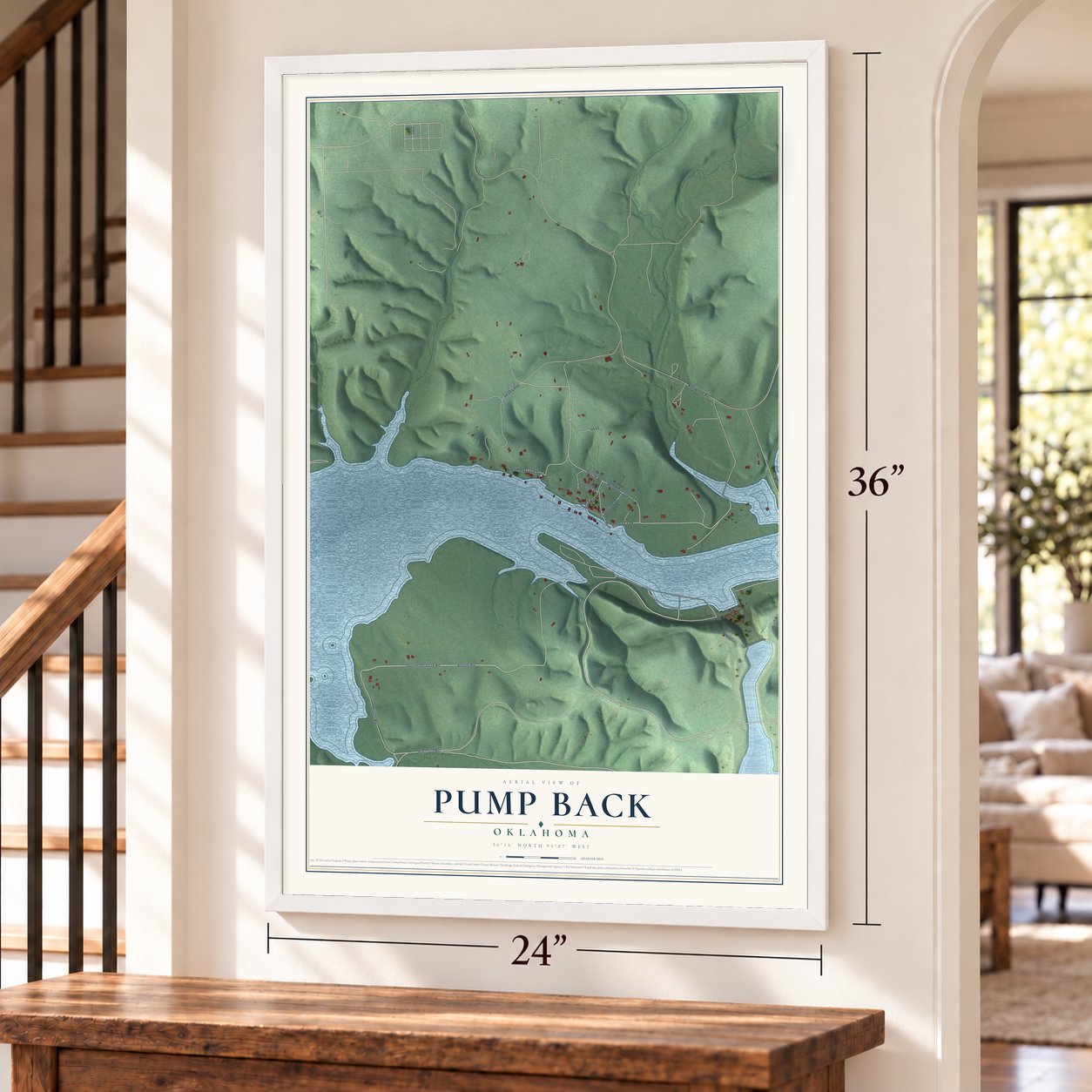 Pump Back, Oklahoma map, 24 x 36 inch print in a white frame by a staircase