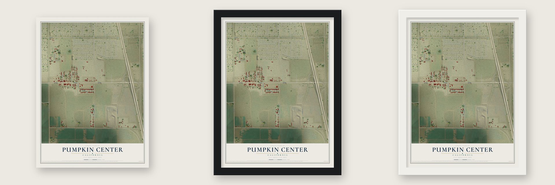 Pumpkin Center, California map unframed, in a black wood frame and in a white wood frame
