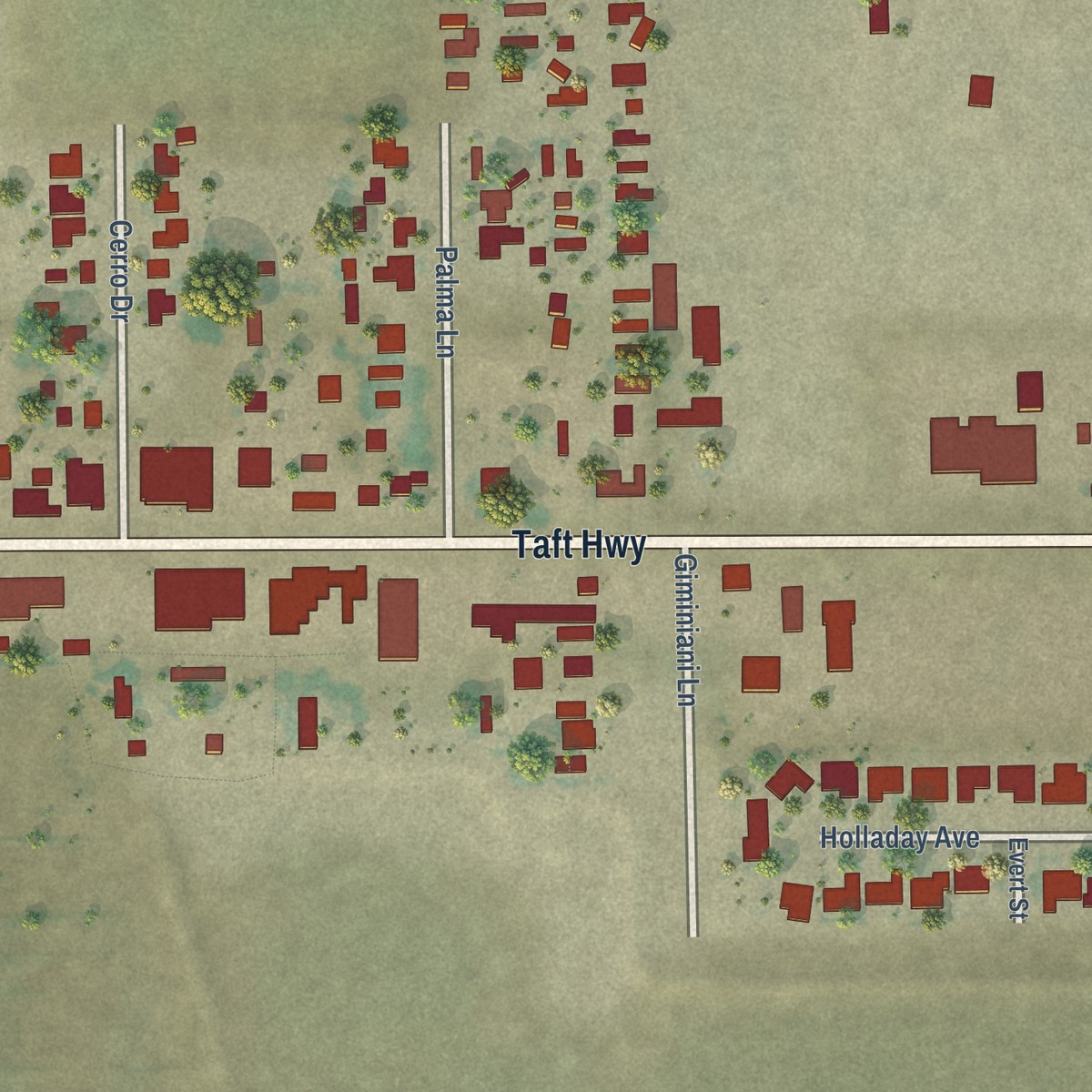 Second close-up of the map of Pumpkin Center, California print showing more streets and buildings