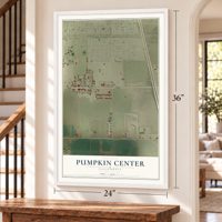 Pumpkin Center, California map, 24 x 36 inch print in a white frame by a staircase