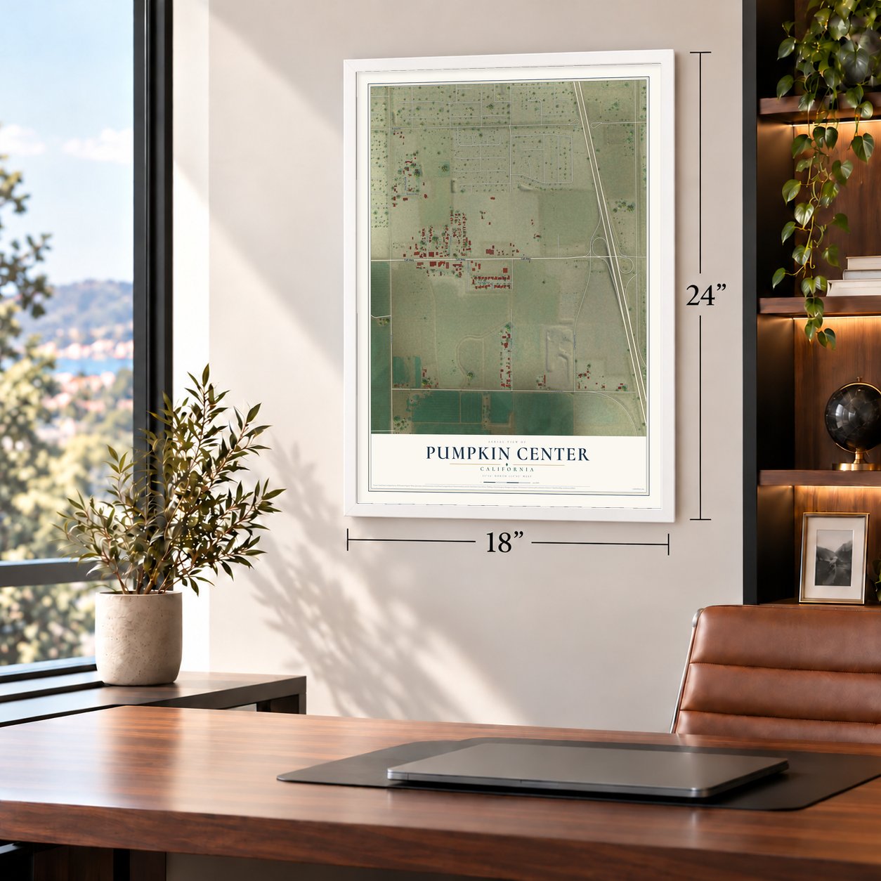 Pumpkin Center, California map, 18 x 24 inch print in a white frame in a home office