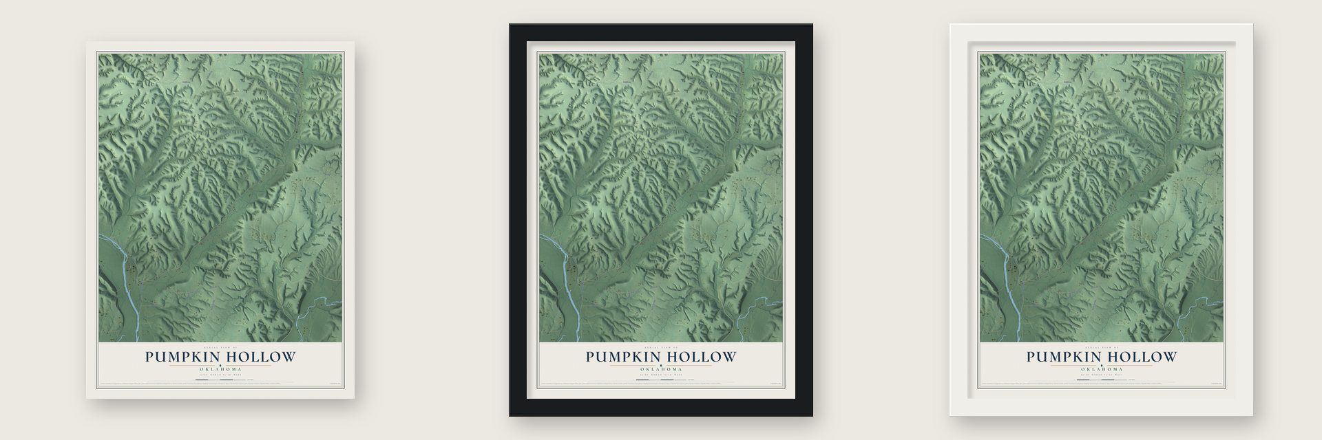 Pumpkin Hollow, Oklahoma map unframed, in a black wood frame and in a white wood frame