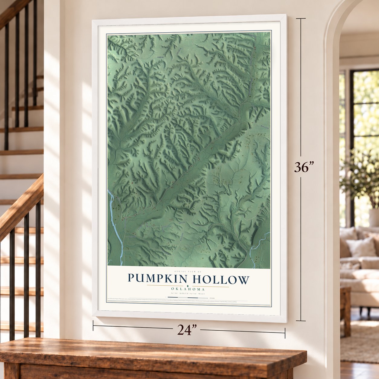 Pumpkin Hollow, Oklahoma map, 24 x 36 inch print in a white frame by a staircase
