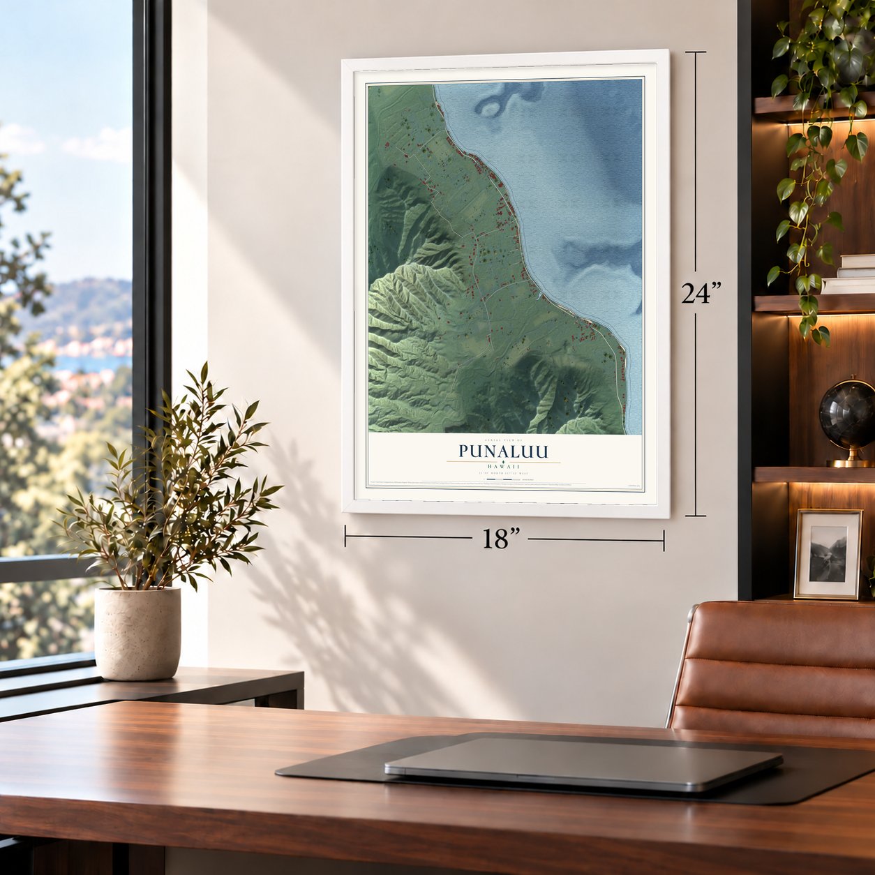 Punaluu, Hawaii map, 18 x 24 inch print in a white frame in a home office