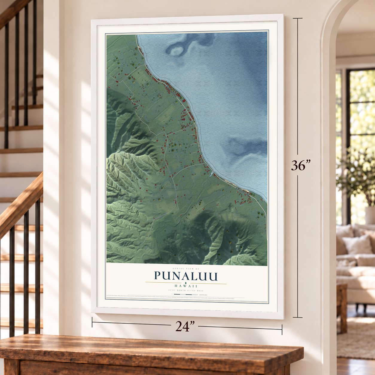Punaluu, Hawaii map, 24 x 36 inch print in a white frame by a staircase