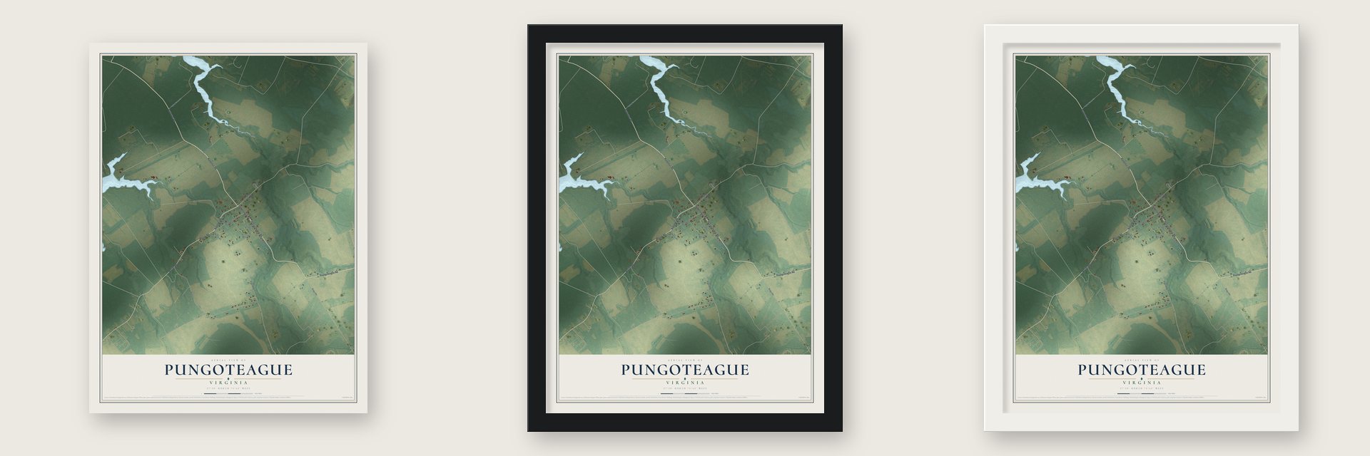 Pungoteague, Virginia map unframed, in a black wood frame and in a white wood frame