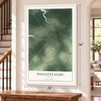 Pungoteague, Virginia map, 24 x 36 inch print in a white frame by a staircase