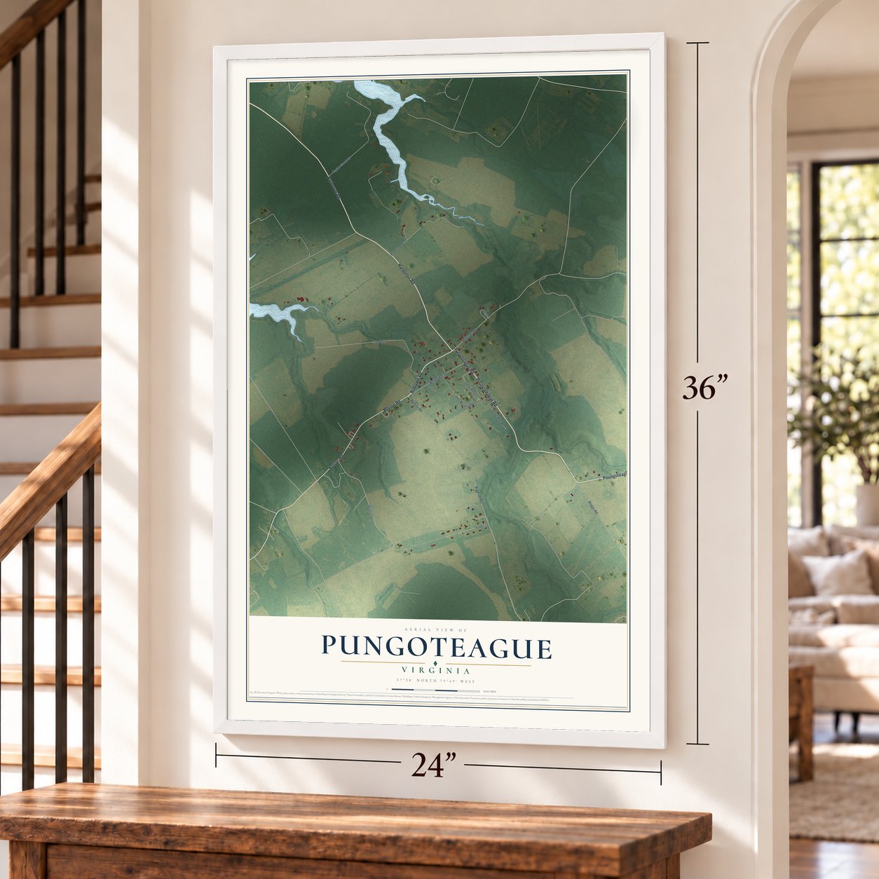 Pungoteague, Virginia map, 24 x 36 inch print in a white frame by a staircase
