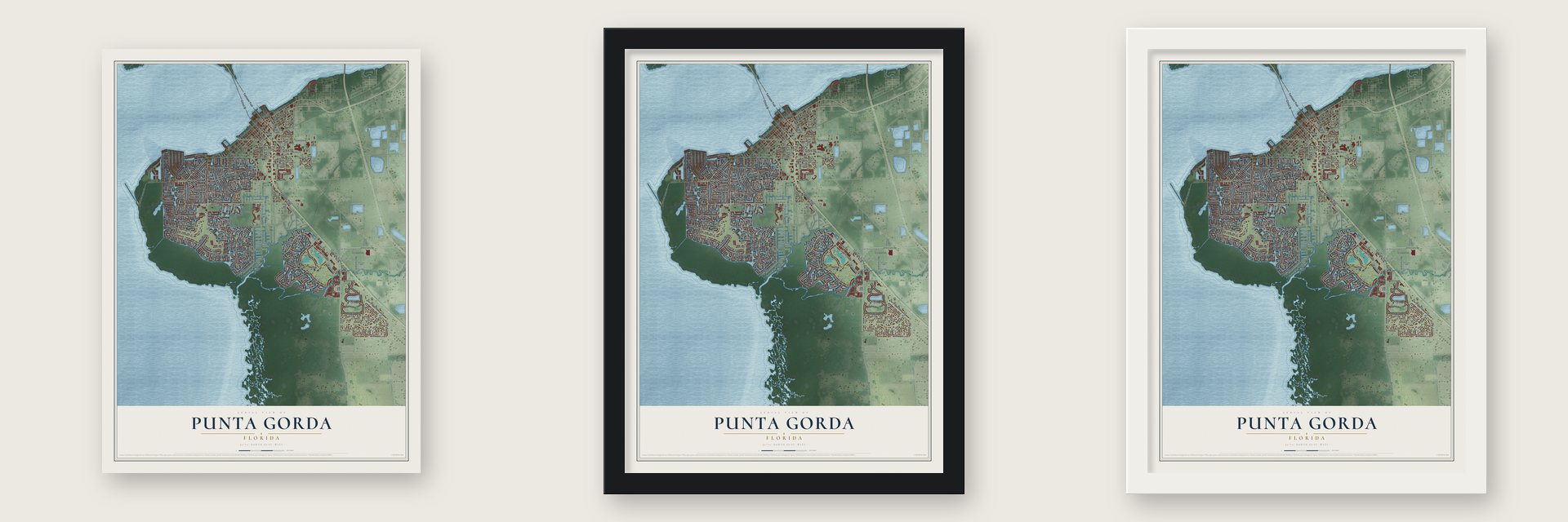 Punta Gorda, Florida map unframed, in a black wood frame and in a white wood frame