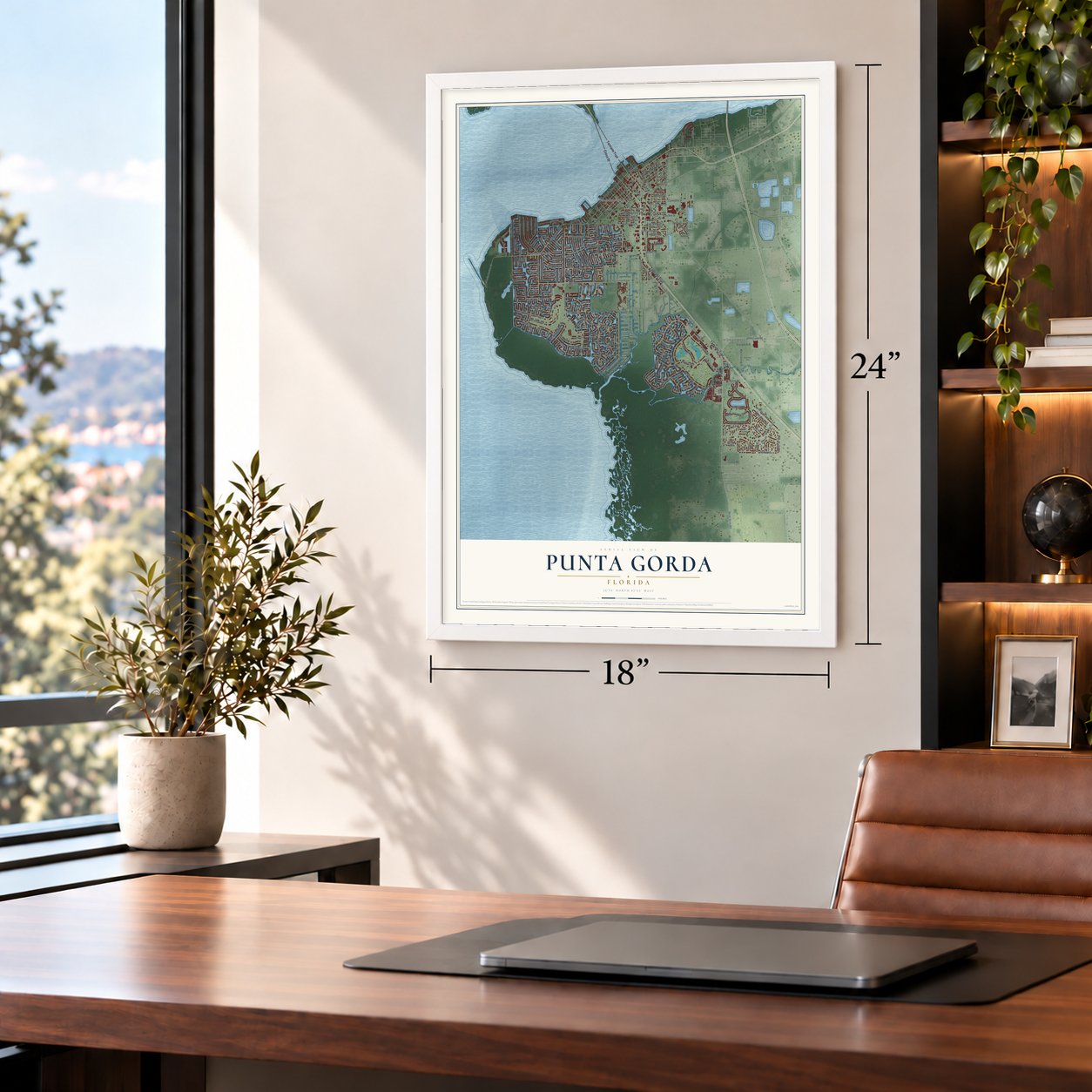Punta Gorda, Florida map, 18 x 24 inch print in a white frame in a home office