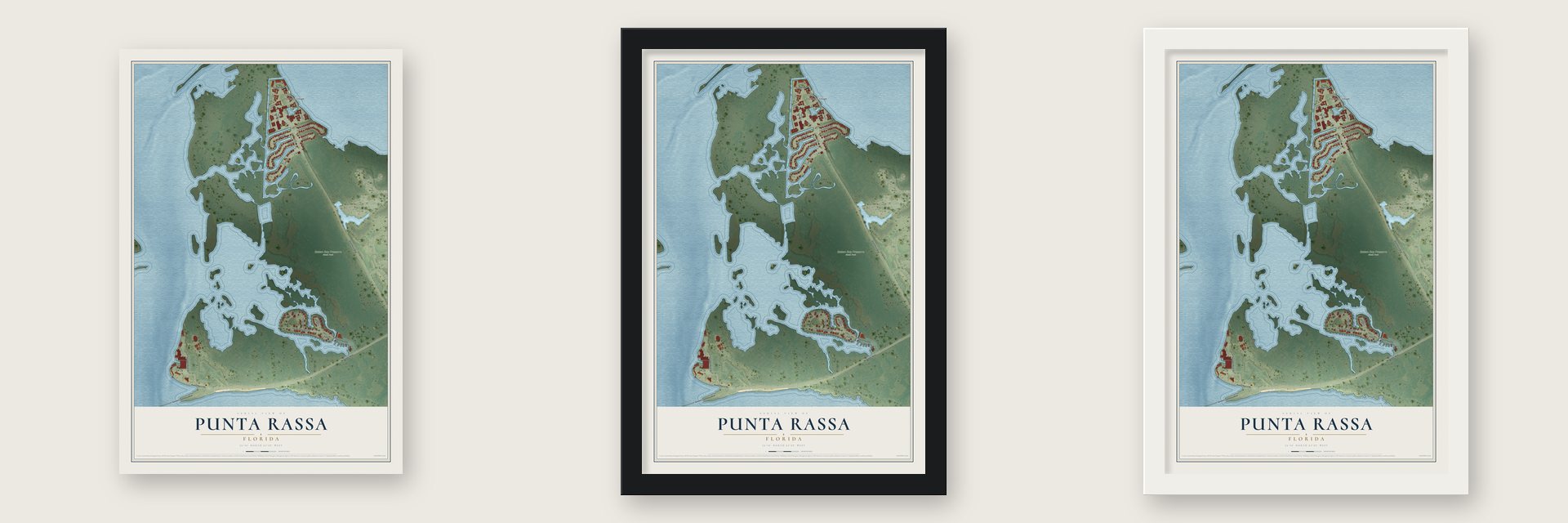 Punta Rassa, Florida map unframed, in a black wood frame and in a white wood frame