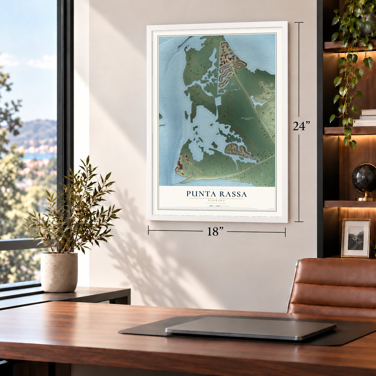 Punta Rassa, Florida map, 18 x 24 inch print in a white frame in a home office
