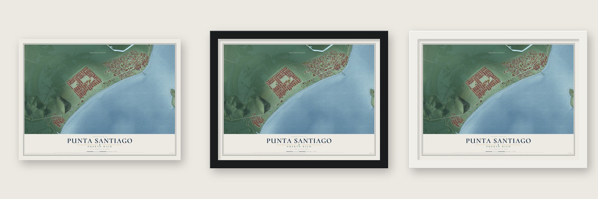 Punta Santiago, Puerto Rico map unframed, in a black wood frame and in a white wood frame