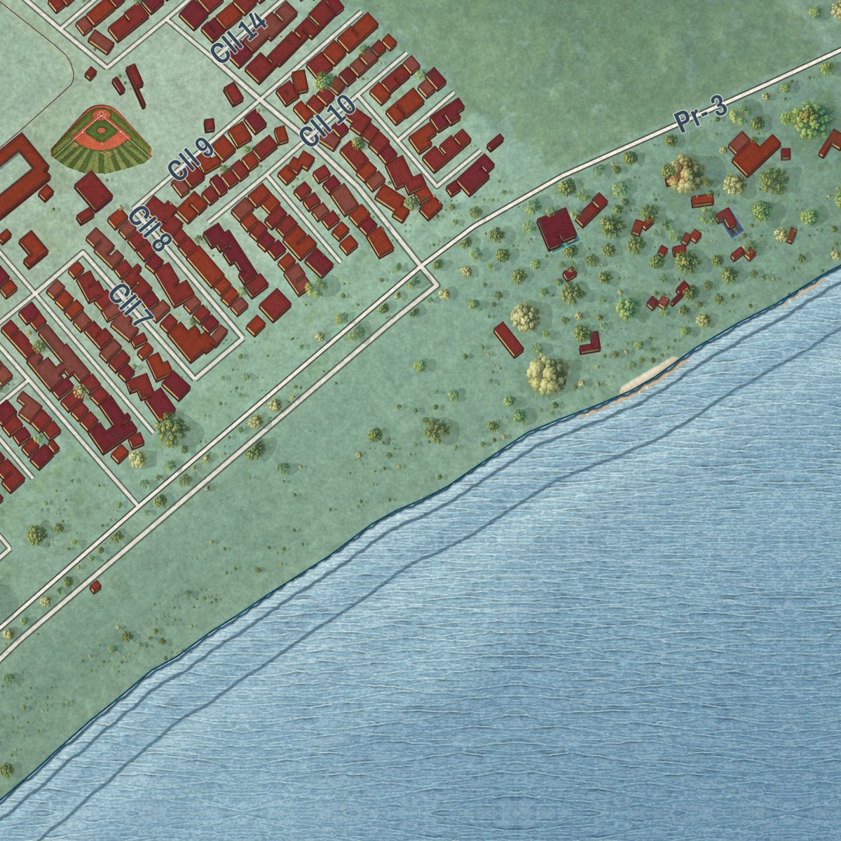Second close-up of the map of Punta Santiago, Puerto Rico print showing more streets and buildings