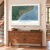 Punta Santiago, Puerto Rico map, 24 x 36 inch print in a white frame above a dresser by a staircase