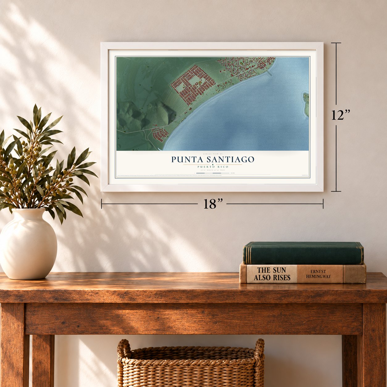 Punta Santiago, Puerto Rico map, 12 x 18 inch print in a white frame in an entryway