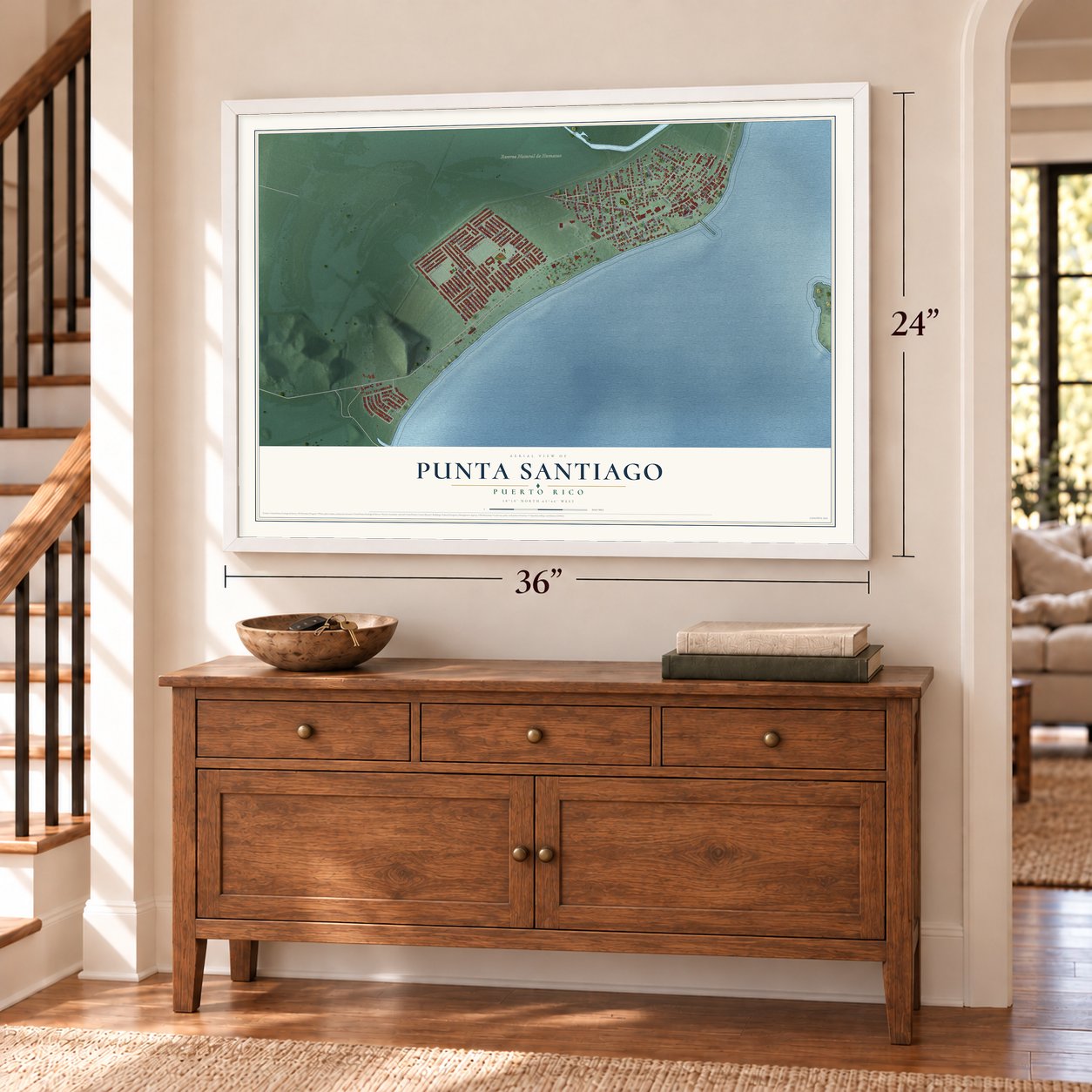 Punta Santiago, Puerto Rico map, 24 x 36 inch print in a white frame above a dresser by a staircase