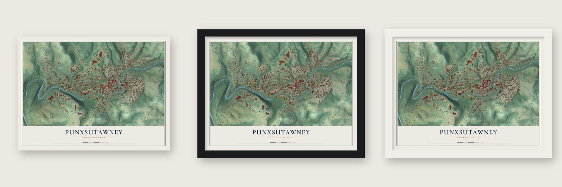 Punxsutawney, Pennsylvania map unframed, in a black wood frame and in a white wood frame