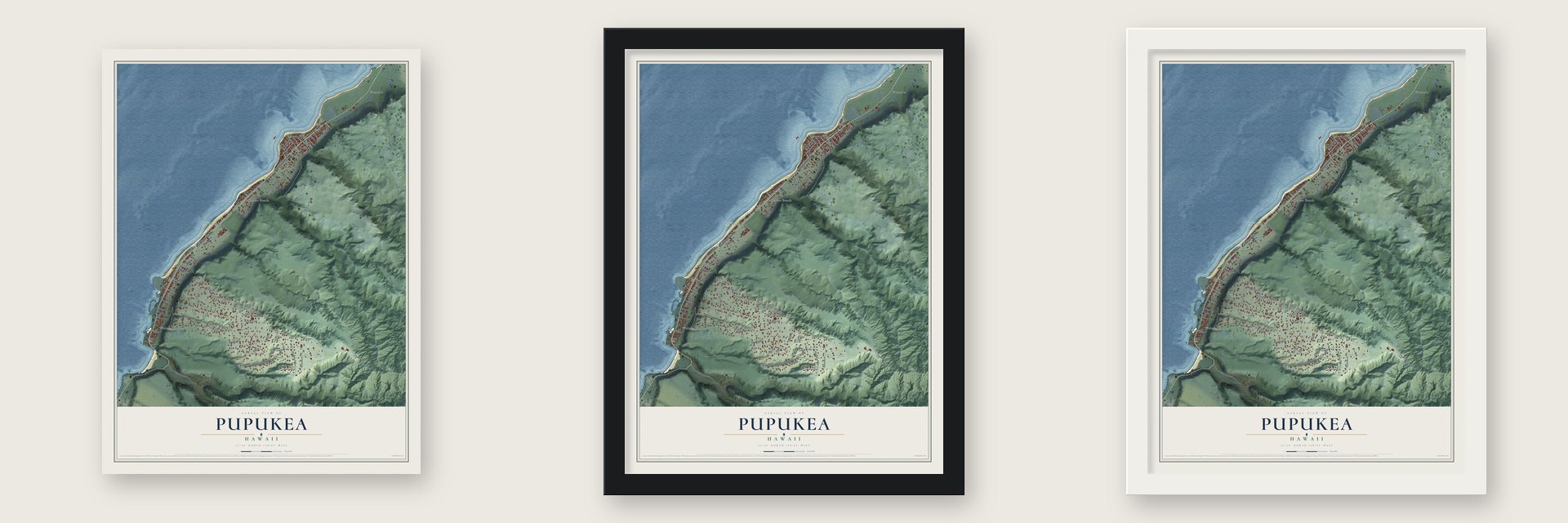 Pupukea, Hawaii map unframed, in a black wood frame and in a white wood frame