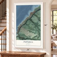 Pupukea, Hawaii map, 24 x 36 inch print in a white frame by a staircase