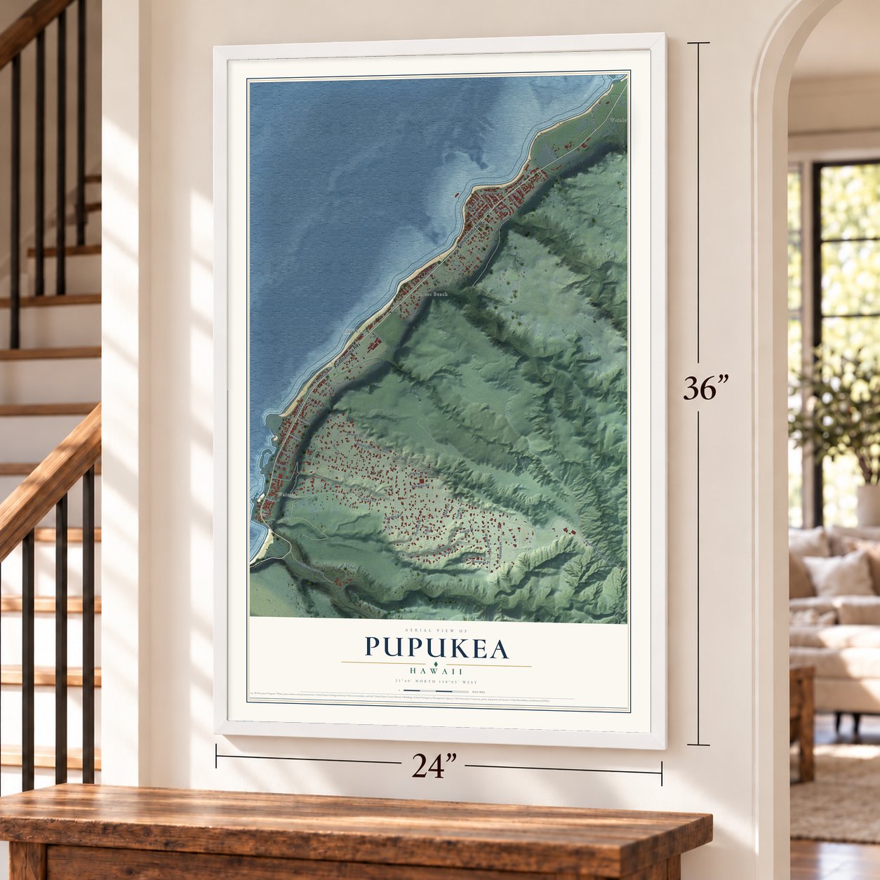 Pupukea, Hawaii map, 24 x 36 inch print in a white frame by a staircase