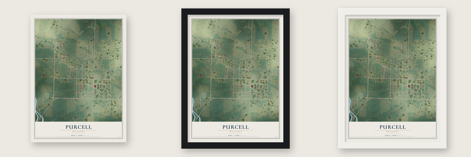 Purcell, Missouri map unframed, in a black wood frame and in a white wood frame