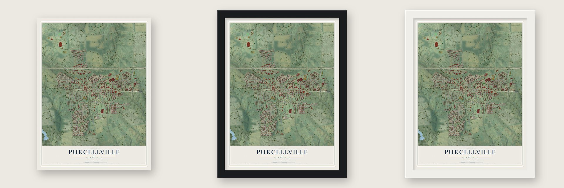 Purcellville, Virginia map unframed, in a black wood frame and in a white wood frame