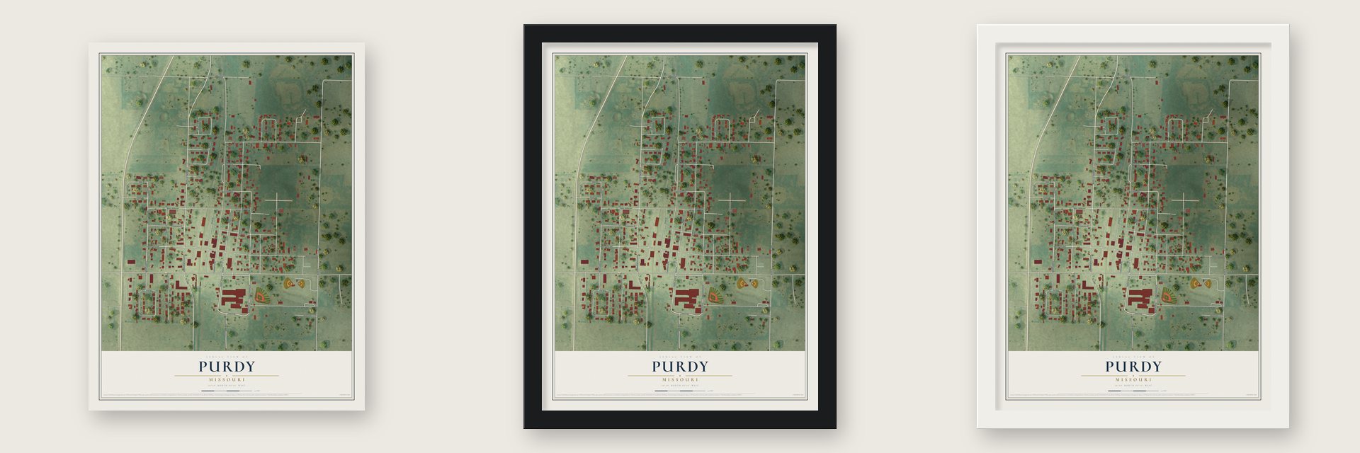 Purdy, Missouri map unframed, in a black wood frame and in a white wood frame