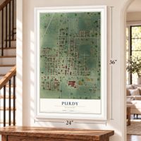 Purdy, Missouri map, 24 x 36 inch print in a white frame by a staircase