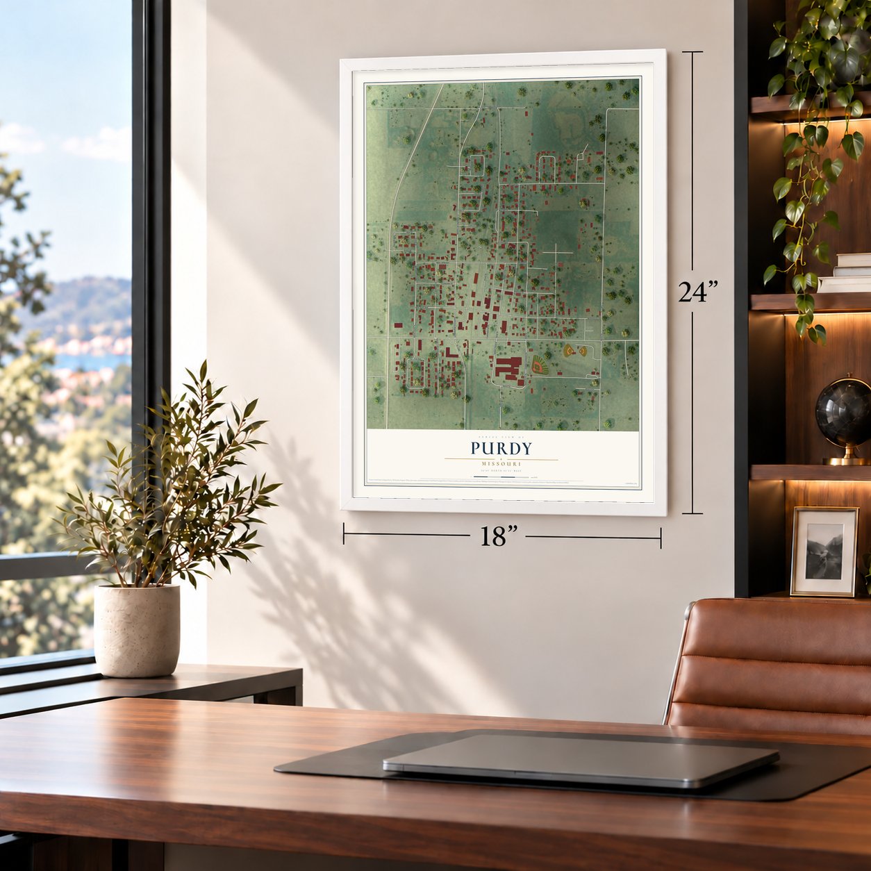 Purdy, Missouri map, 18 x 24 inch print in a white frame in a home office
