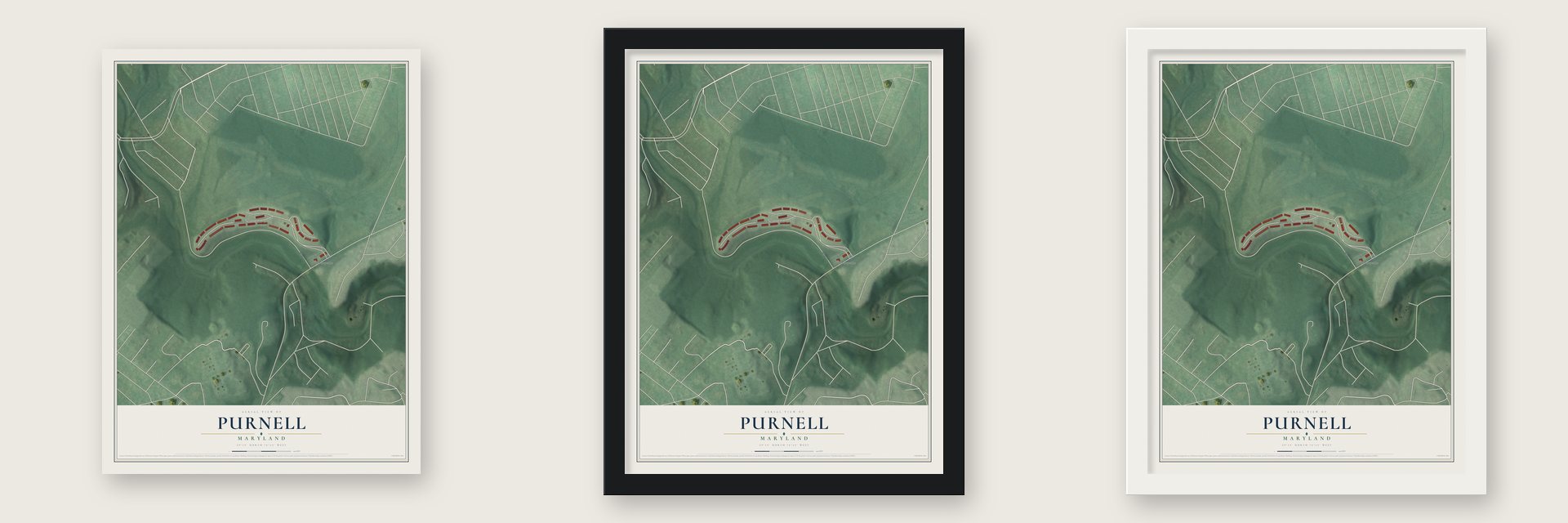 Purnell, Maryland map unframed, in a black wood frame and in a white wood frame